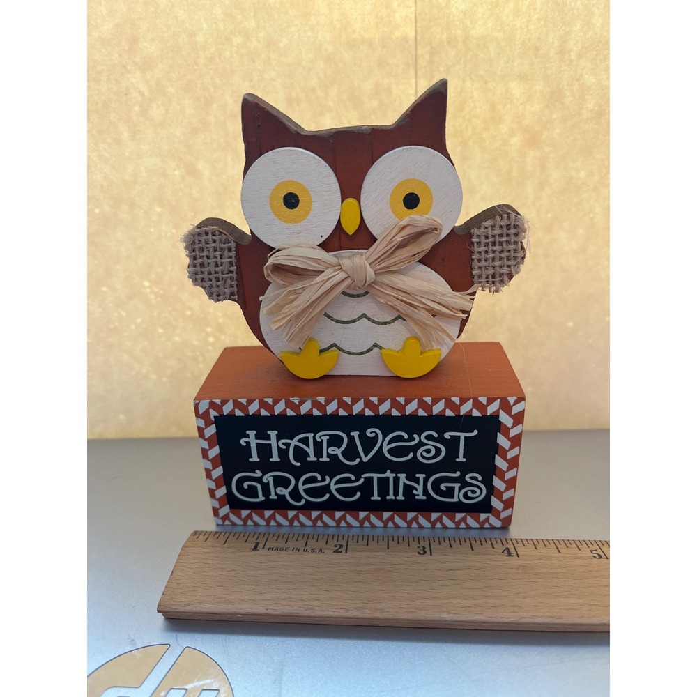 Nantucket Distributing Harvest Greetings Wood Owl Figurine Fall Autumn Decor